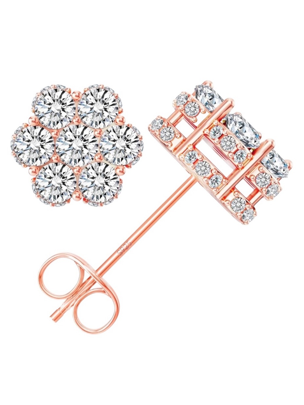 Moissanite Flower Stud Earrings Rose Gold Full Paved Cluster 925 Sterling Silver